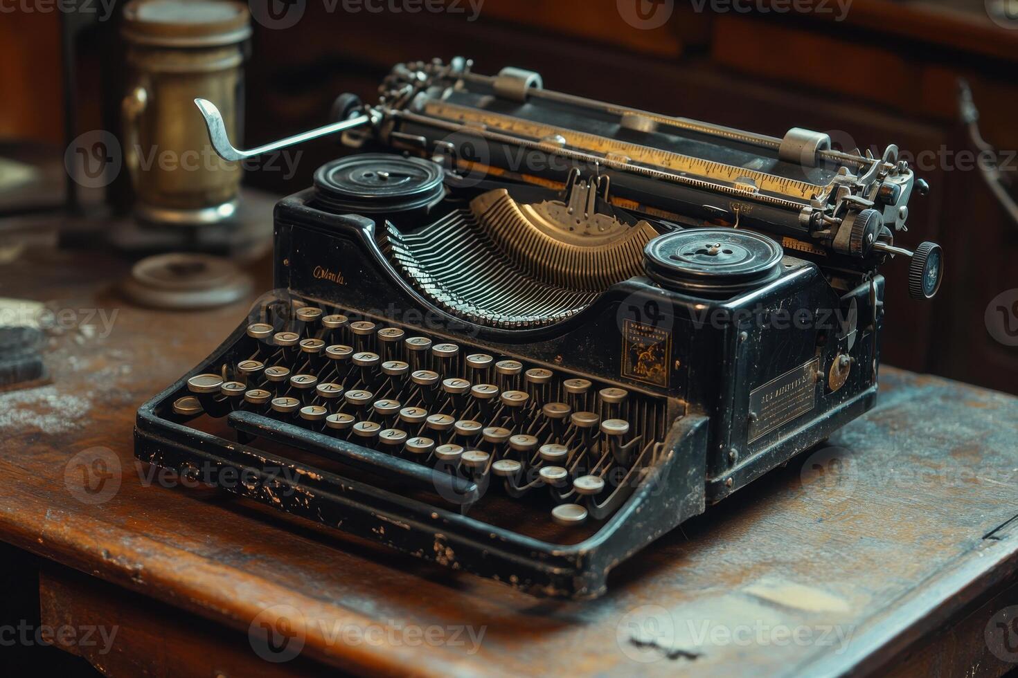 Antique typewriter resting on a wooden desk in a vintage study during the afternoon hours photo