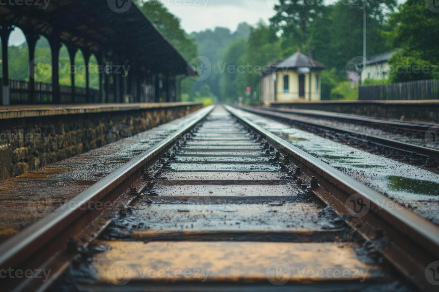 Rain-soaked train tracks stretch through a quiet rural station on a cloudy day photo