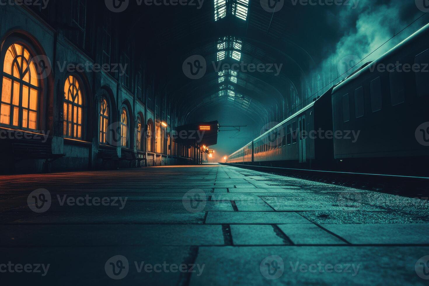 Mysterious train station at night with illuminated windows and steam rising from the tracks photo