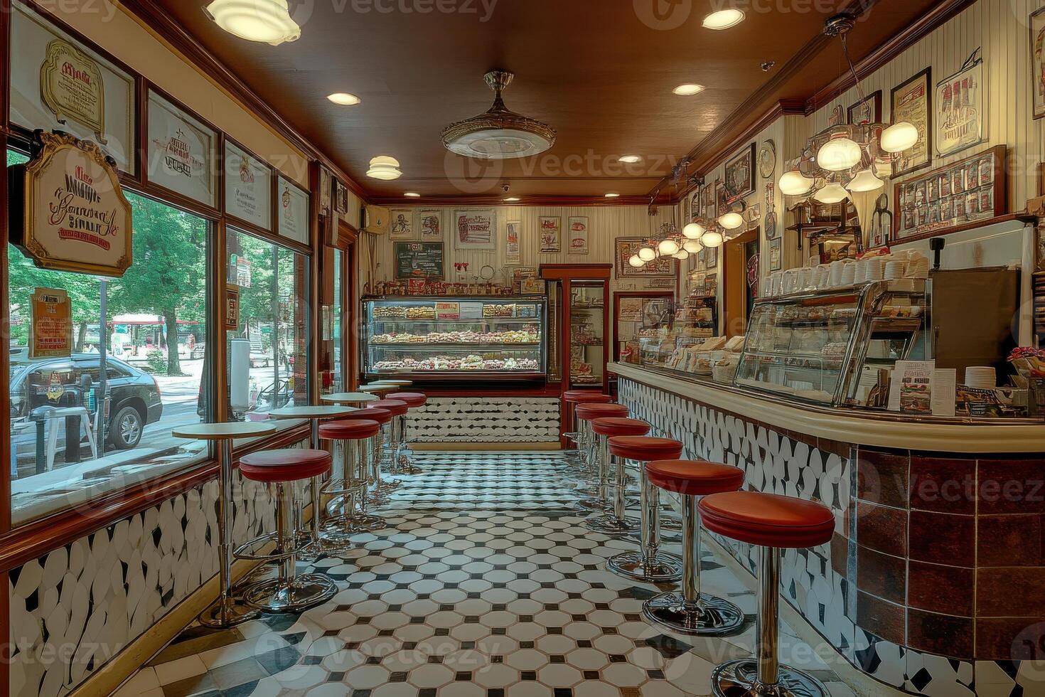 Cozy bakery interior featuring seating and display case on a sunny day in a bustling city photo