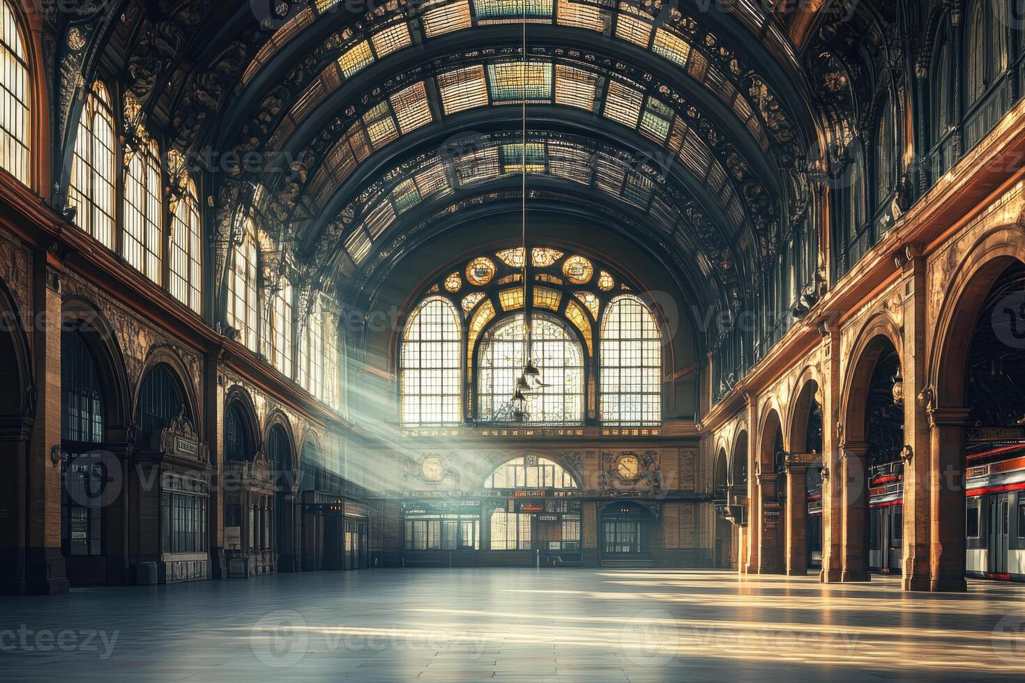 Historic railway station interior with stunning architecture and sunlight streaming through windows photo