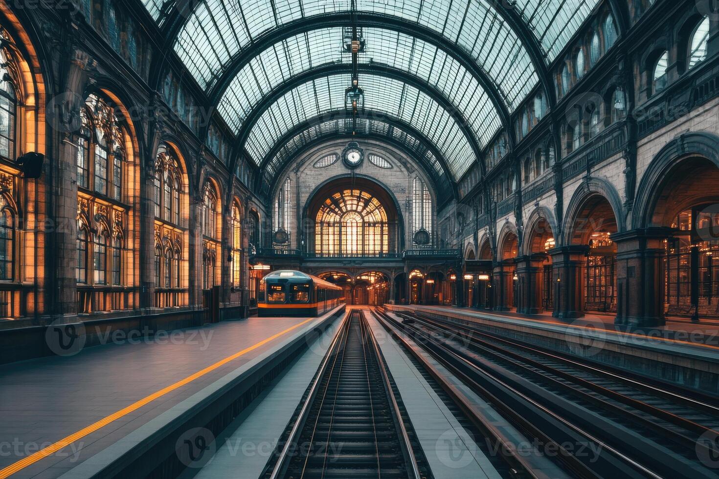 Beautifully lit historic train station with arched glass ceiling and empty platforms during twilight photo