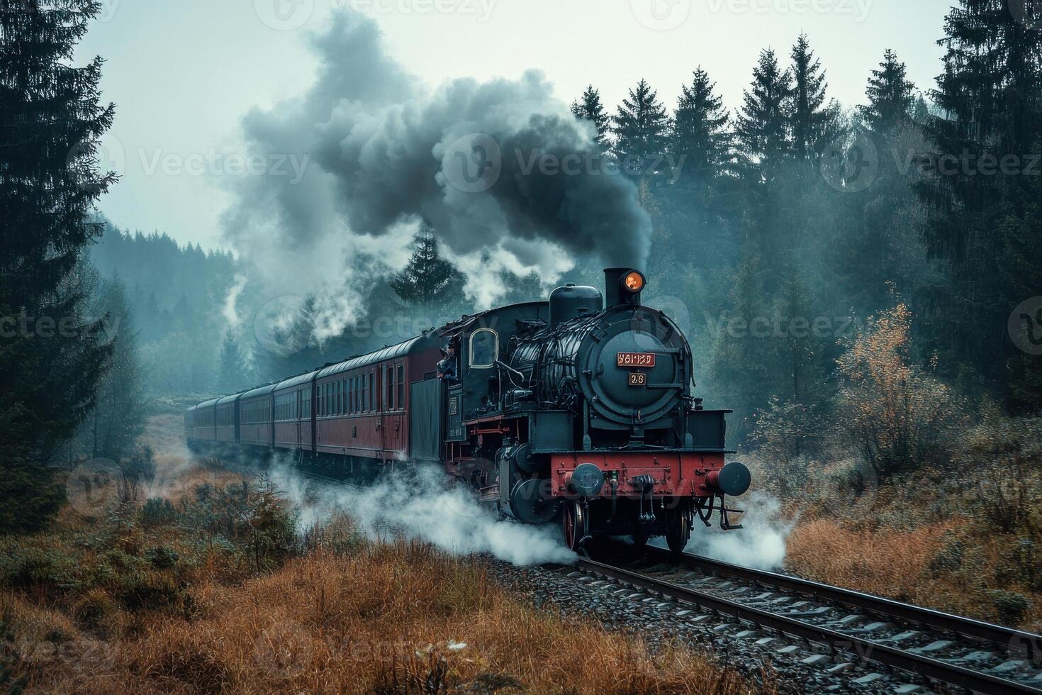 Steam train travels through misty forest landscape on a chilly morning in autumn photo