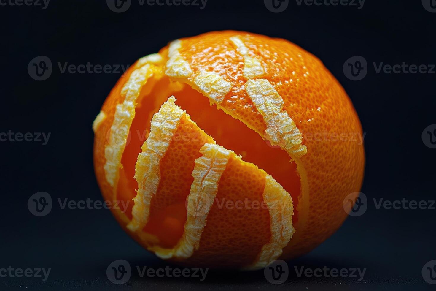 A creatively peeled orange with artistic strips against a dark background photo