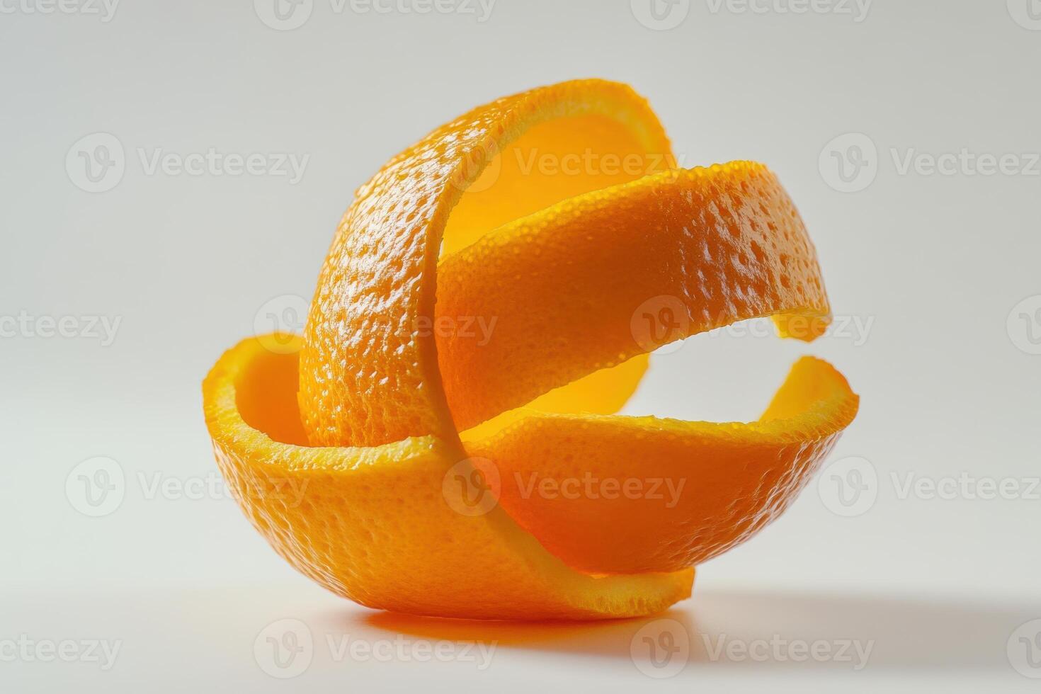 Orange peel artfully arranged on a light background showcasing its vibrant texture and color photo