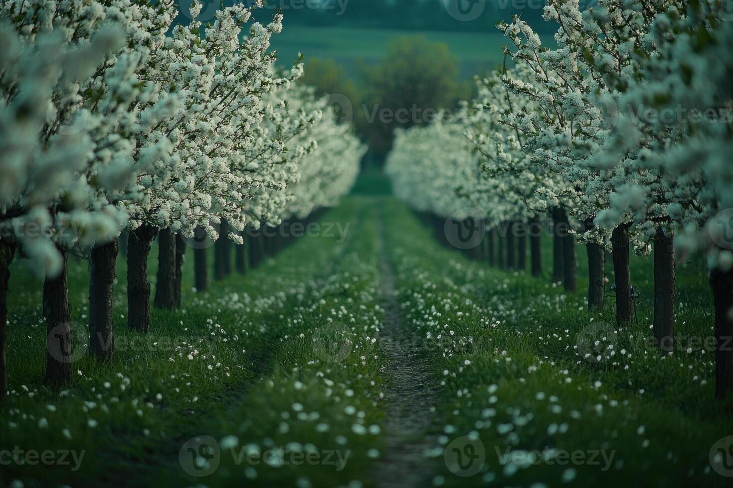 A tranquil spring afternoon in a blooming orchard with rows of white flowering trees photo