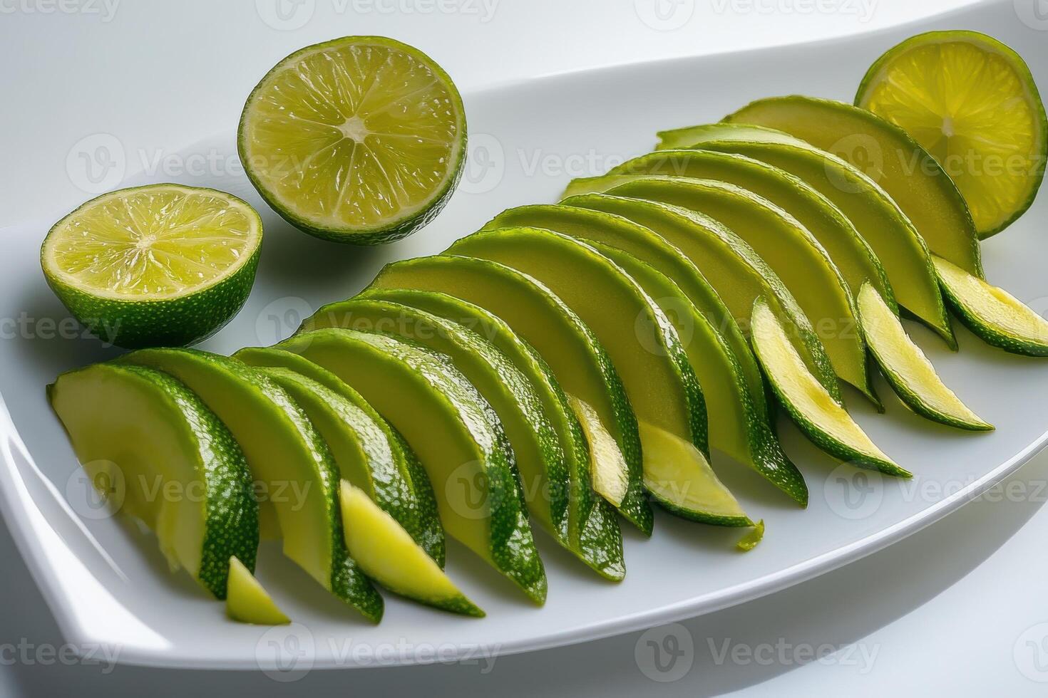 Freshly sliced limes arranged elegantly on a white plate for culinary use in the kitchen photo