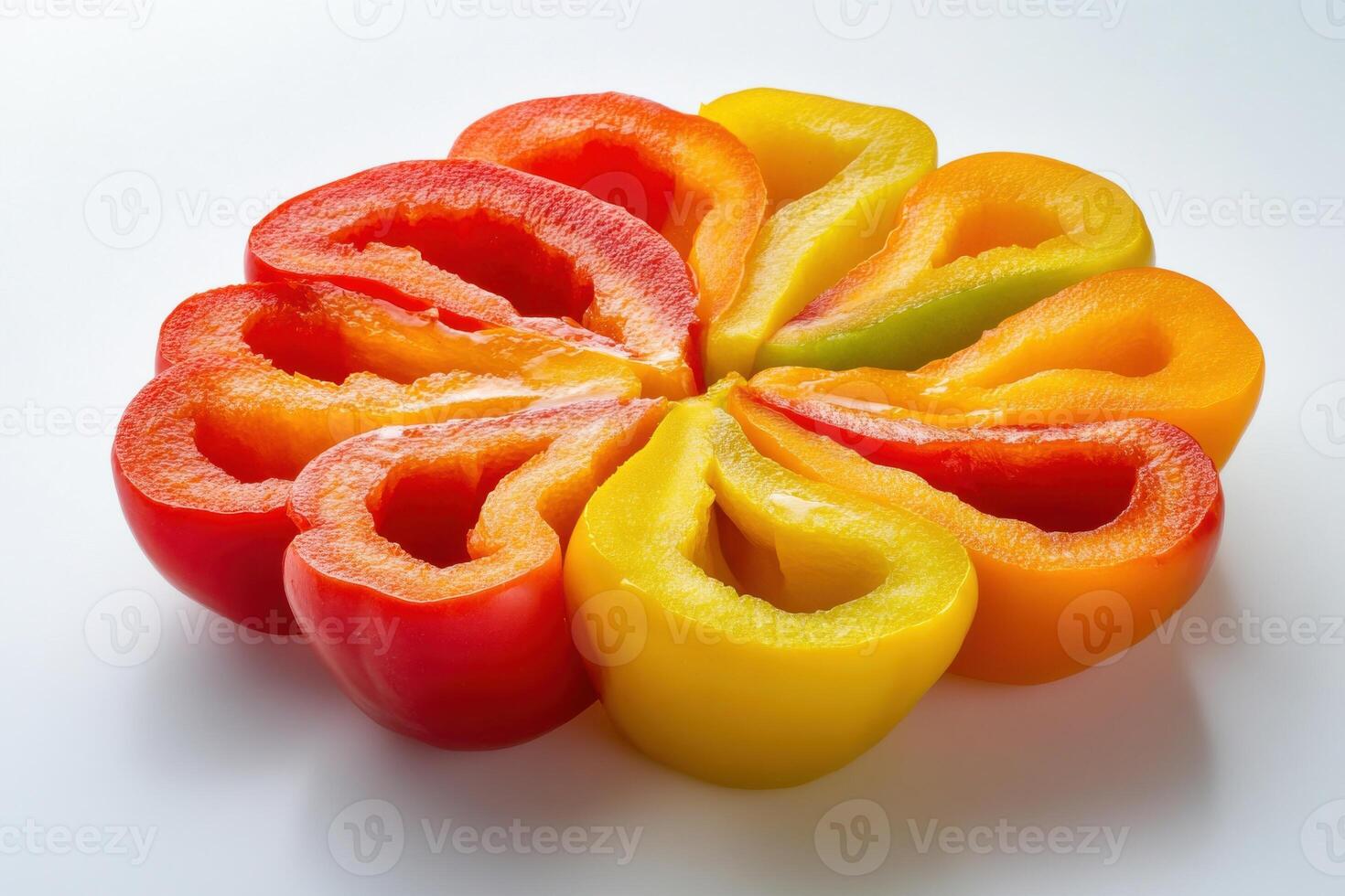 Colorful arrangement of sliced bell peppers on a light background in a circular design photo