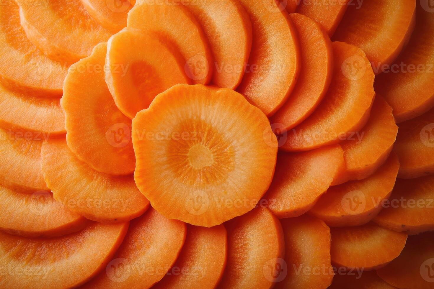 Sliced carrots arranged in a beautiful circular pattern on a wooden surface photo