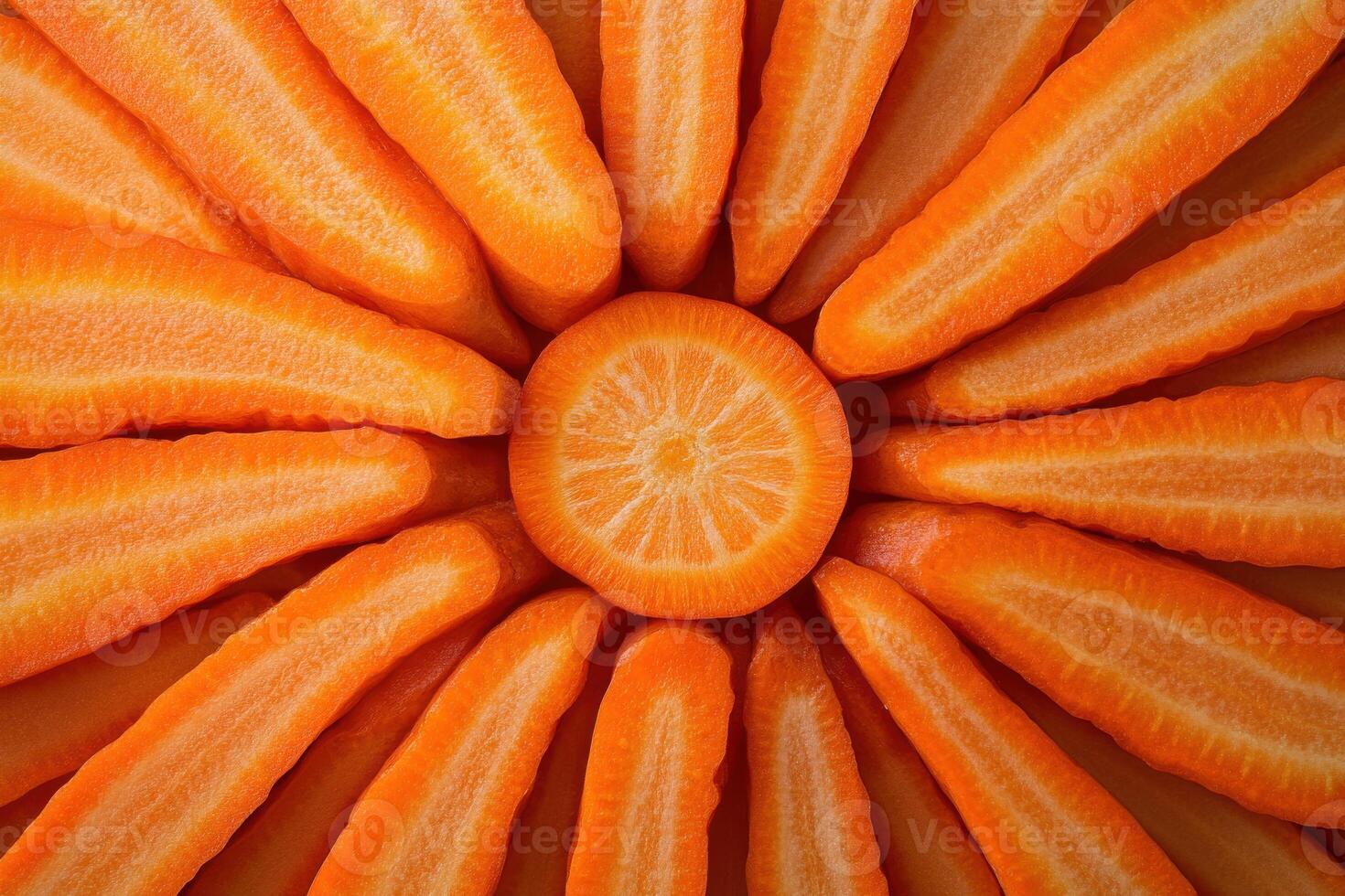 Freshly cut carrots arranged in a circular pattern to resemble a flower on a neutral background photo
