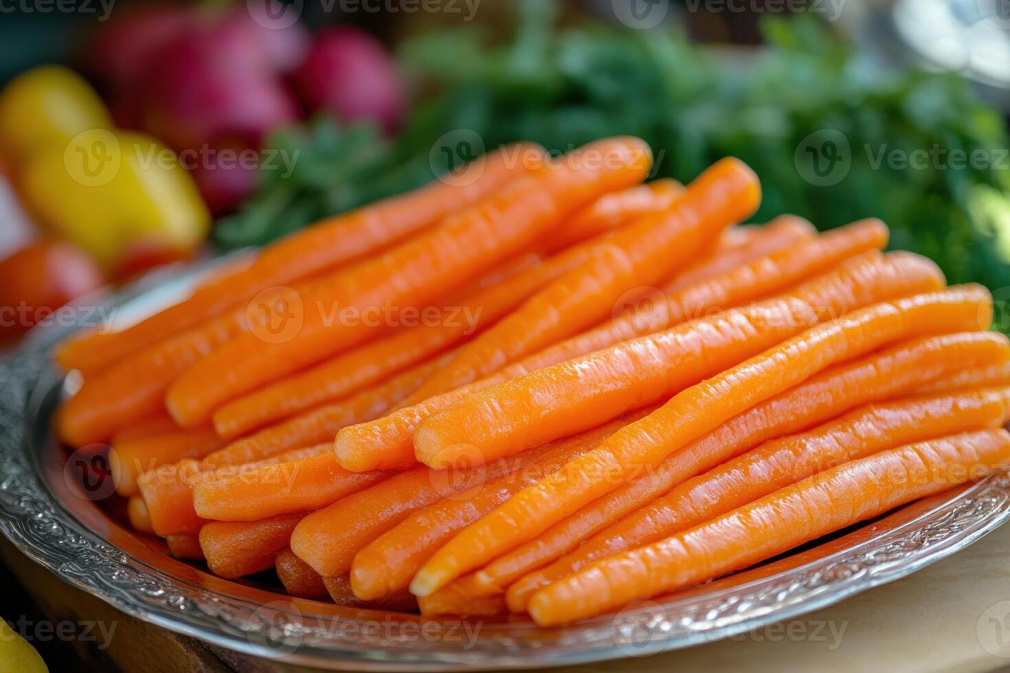 Freshly harvested carrots arranged on a silver platter with colorful vegetables in the background photo