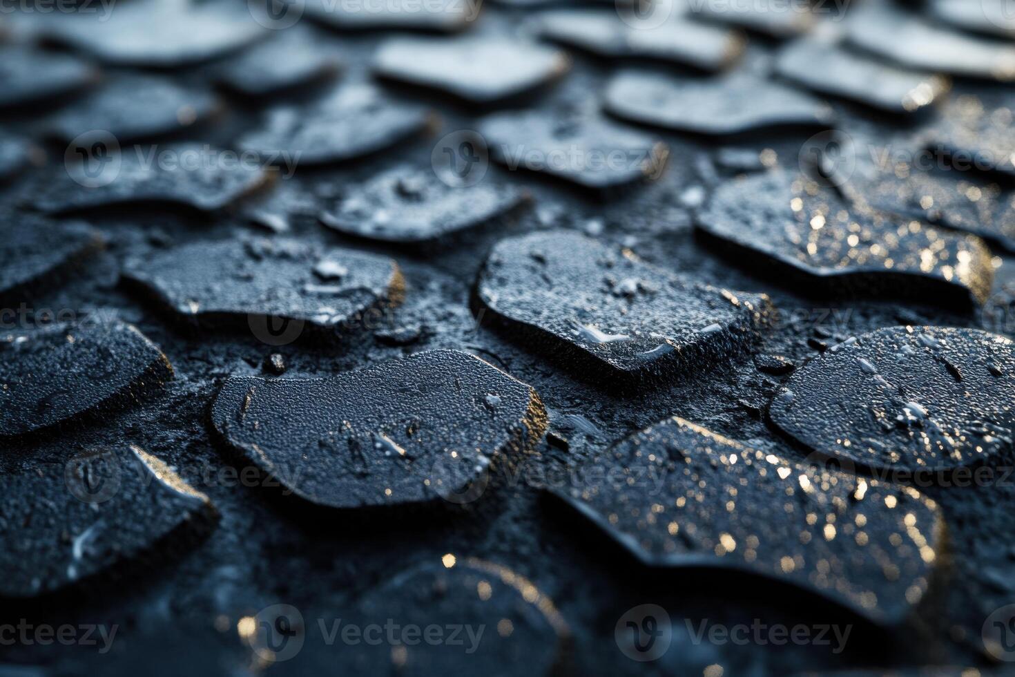 Close-up of wet pavement showing patterns and reflections after rain in an urban area photo