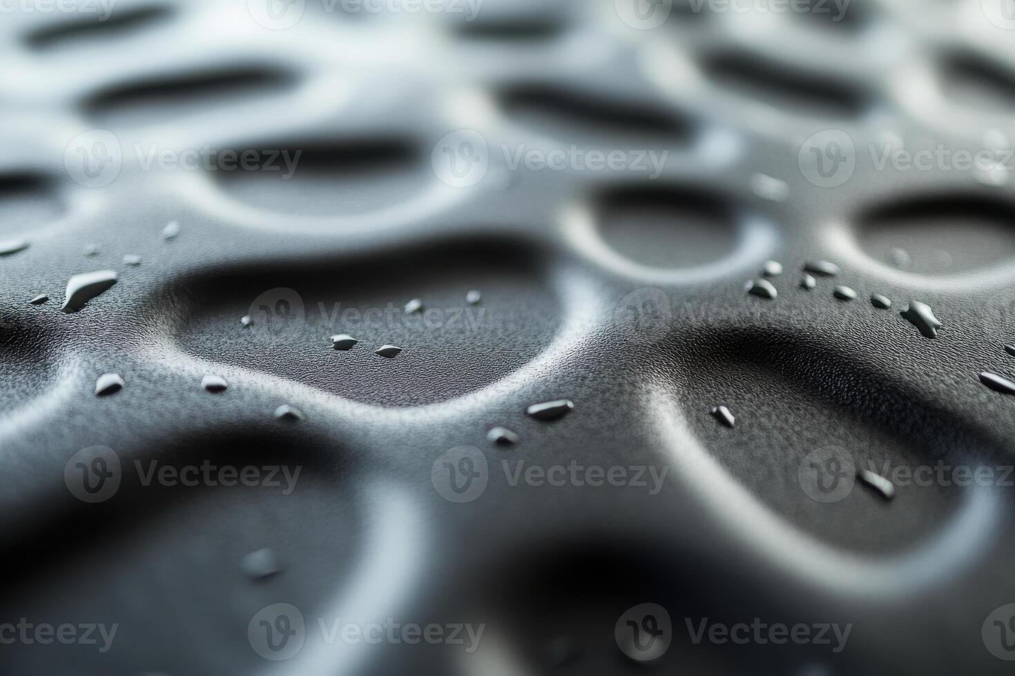 Close-up view of droplets resting on textured black surface in a well-lit environment photo
