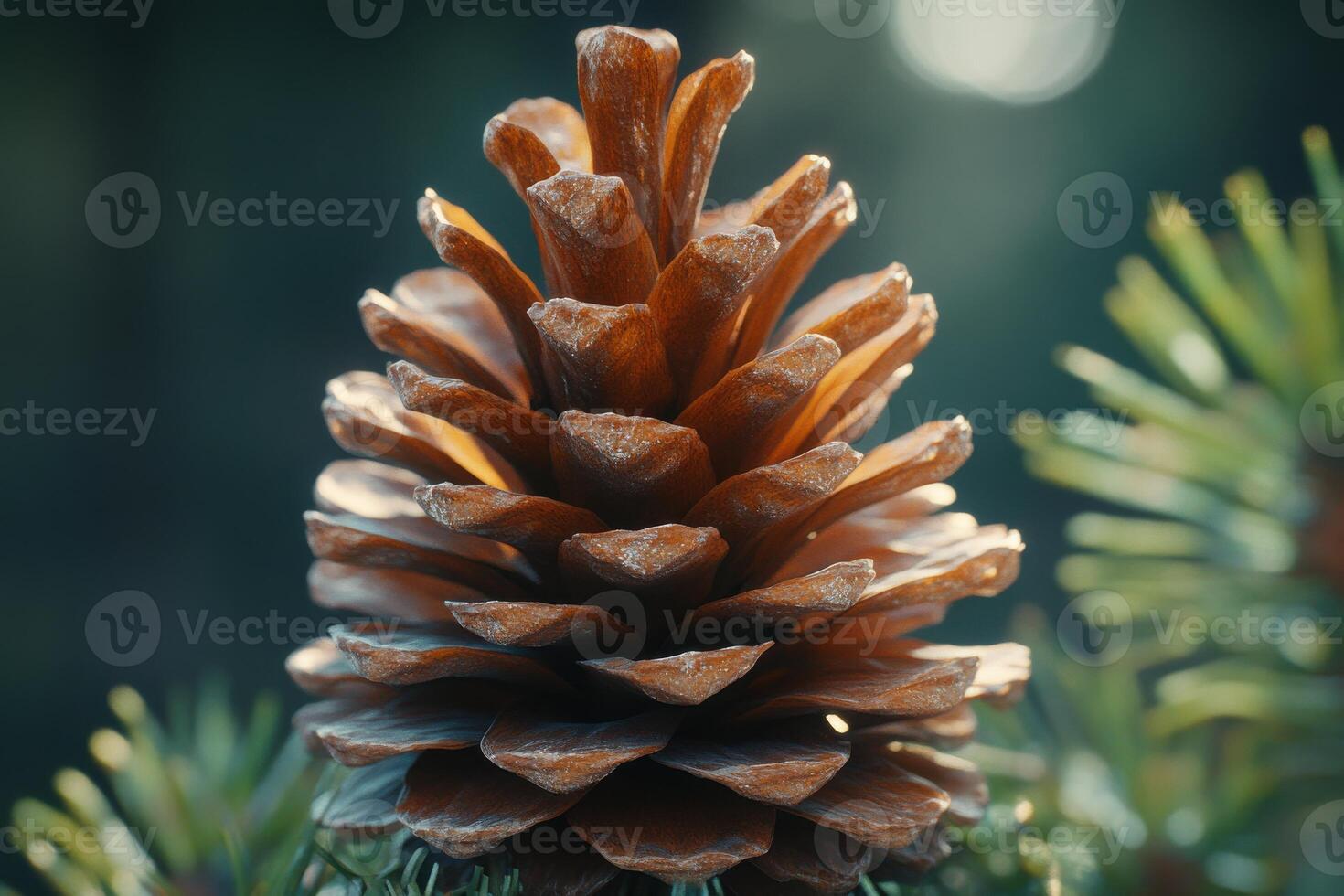 Close-up of a pine cone resting on a green pine branch in natural light during the daytime photo
