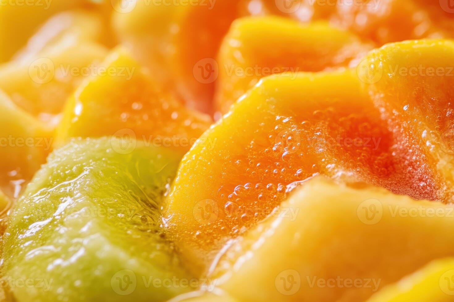 Freshly cut vibrant fruits displayed in an appetizing arrangement on a wooden surface photo