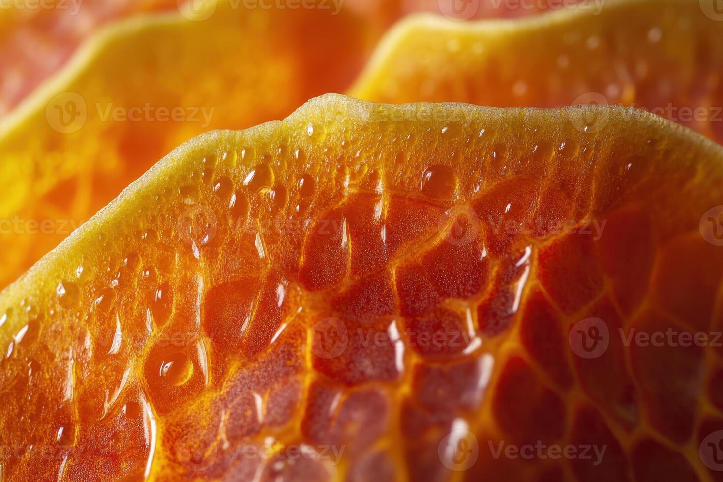Close-up view of vibrant orange and yellow textured surface with water droplets in natural light photo