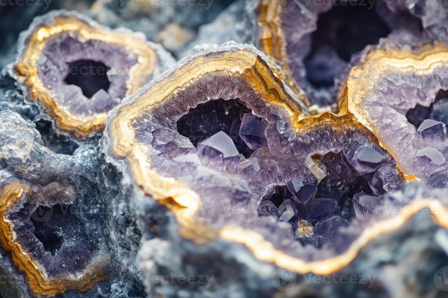 Vibrant purple amethyst geodes revealing intricate crystal formations in natural settings photo