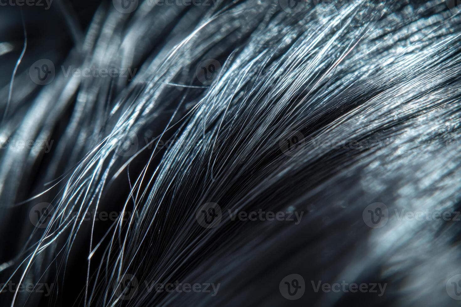 Close-up of shiny black hair strands illuminated by soft light in a cozy indoor setting photo