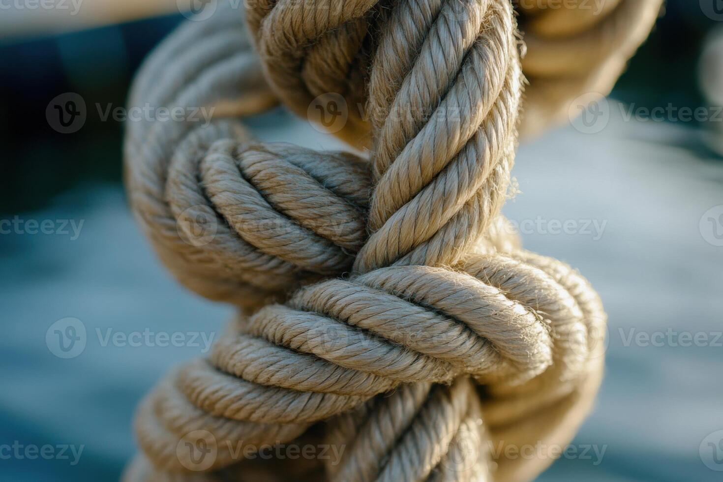 Close-up view of intricate knot tied in natural rope near calm waters in bright daylight photo