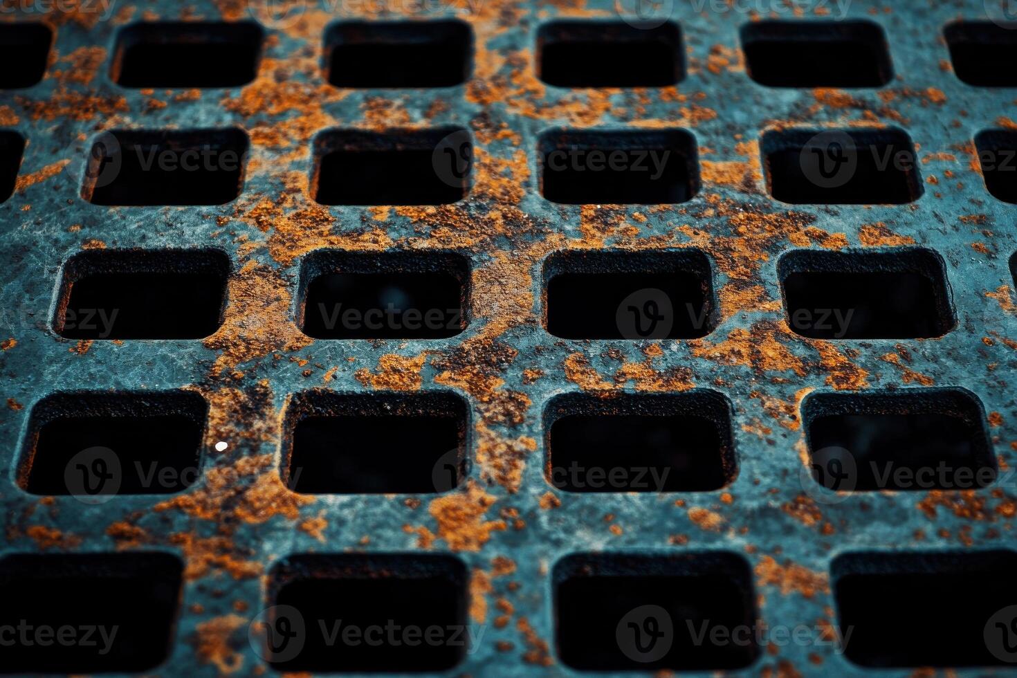 Rusty metallic grate with square openings reflecting the wear of time in an urban setting photo
