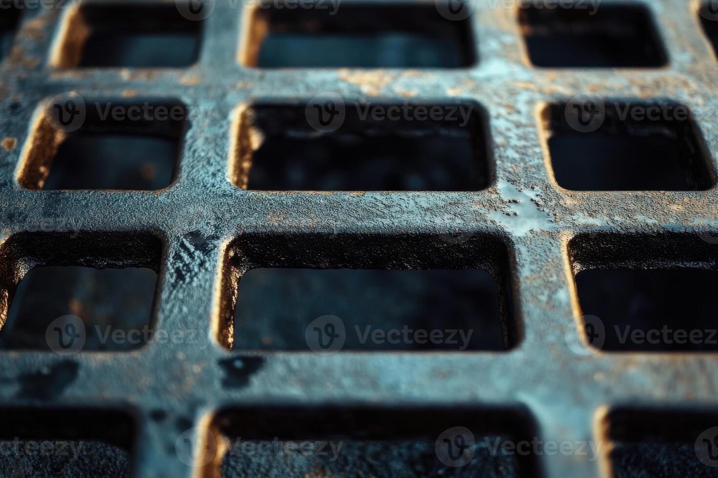 Textured metal grate with square openings illuminated by soft light in an urban setting photo