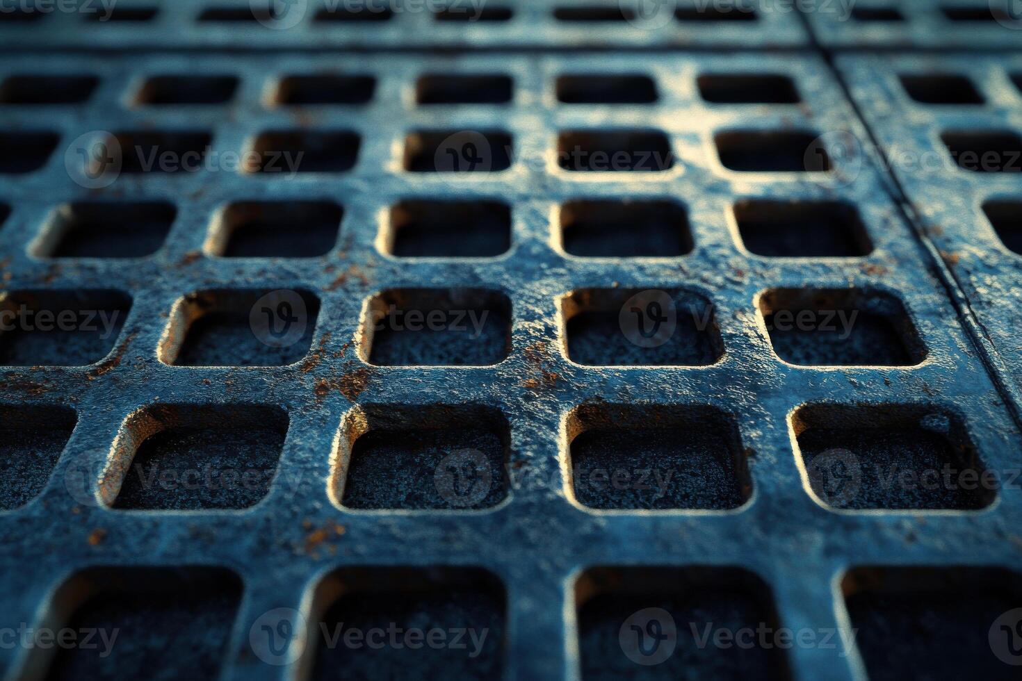 Close-up view of a weathered metal grate with square openings illuminated by natural light photo