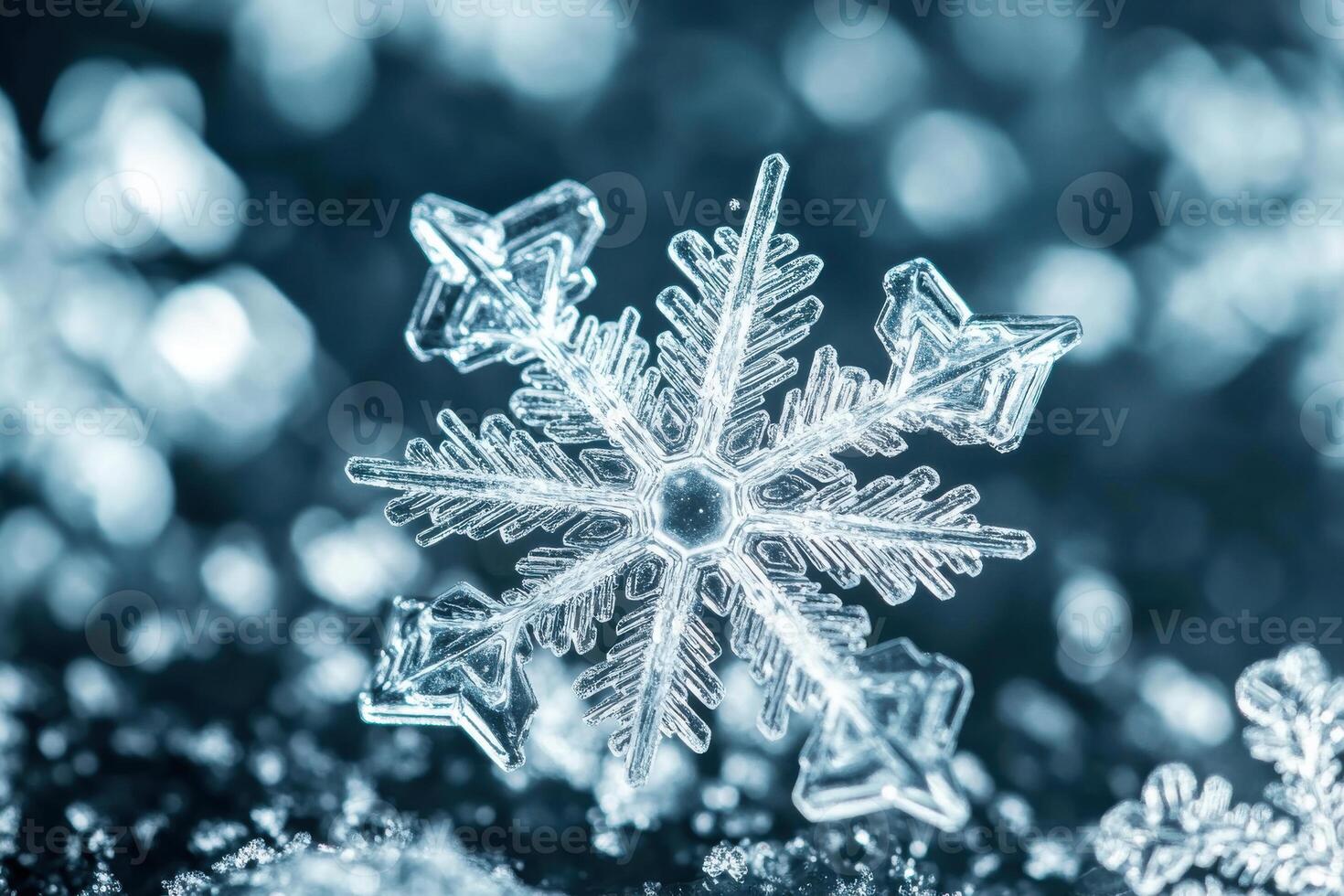 Delicate snowflake captured in macro detail against a blurred, frosty background photo