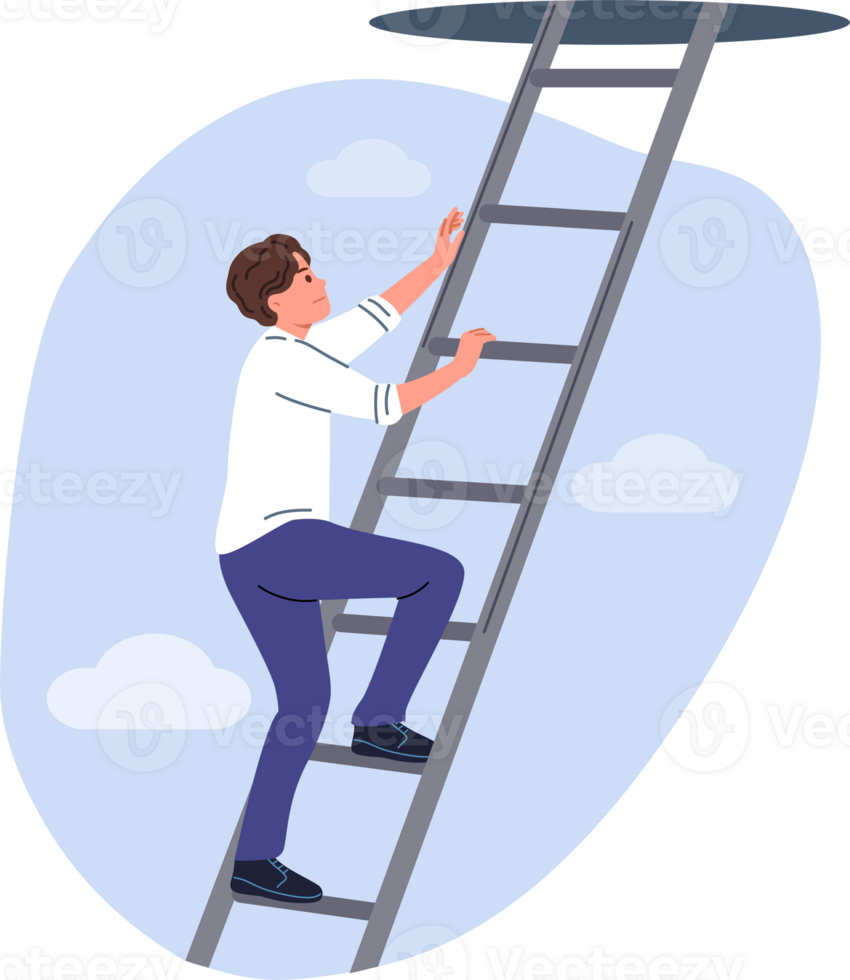 Man climbs career ladder, using ambition to achieve new successes and professional growth. Guy with motivation for career growth, accepts challenge and boldly strives to take top position png