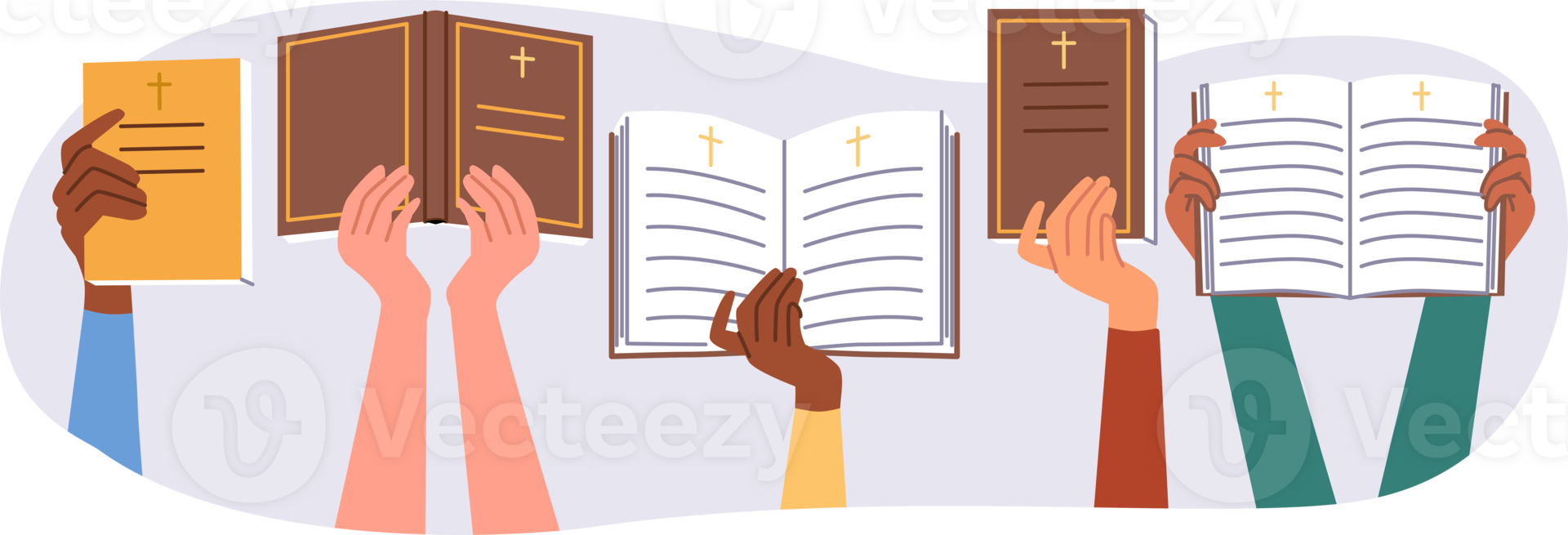 People hold bible and holy books from christian religious library, describing life of prophets or jesus. Bible and gospel for studying rules of catholicism or orthodoxy and correct worship of gods png