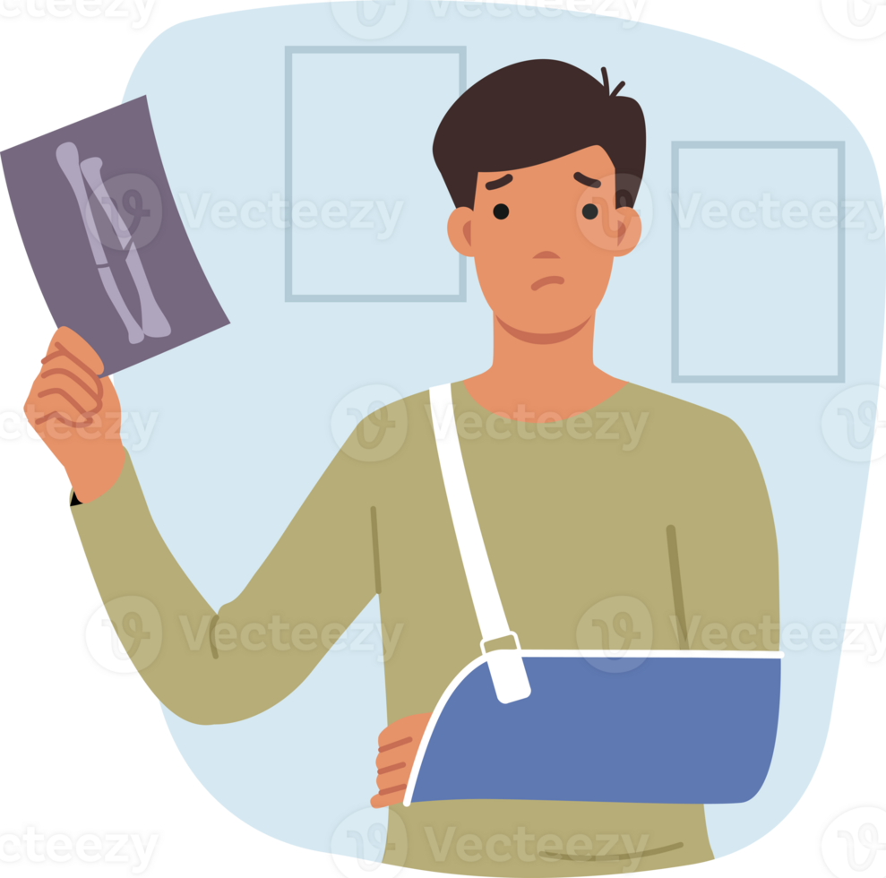 Man with injured arm shows x-ray, wanting to receive payment from insurance company. Concept of medical insurance for people injured in car accident and in need of long-term rehabilitation png