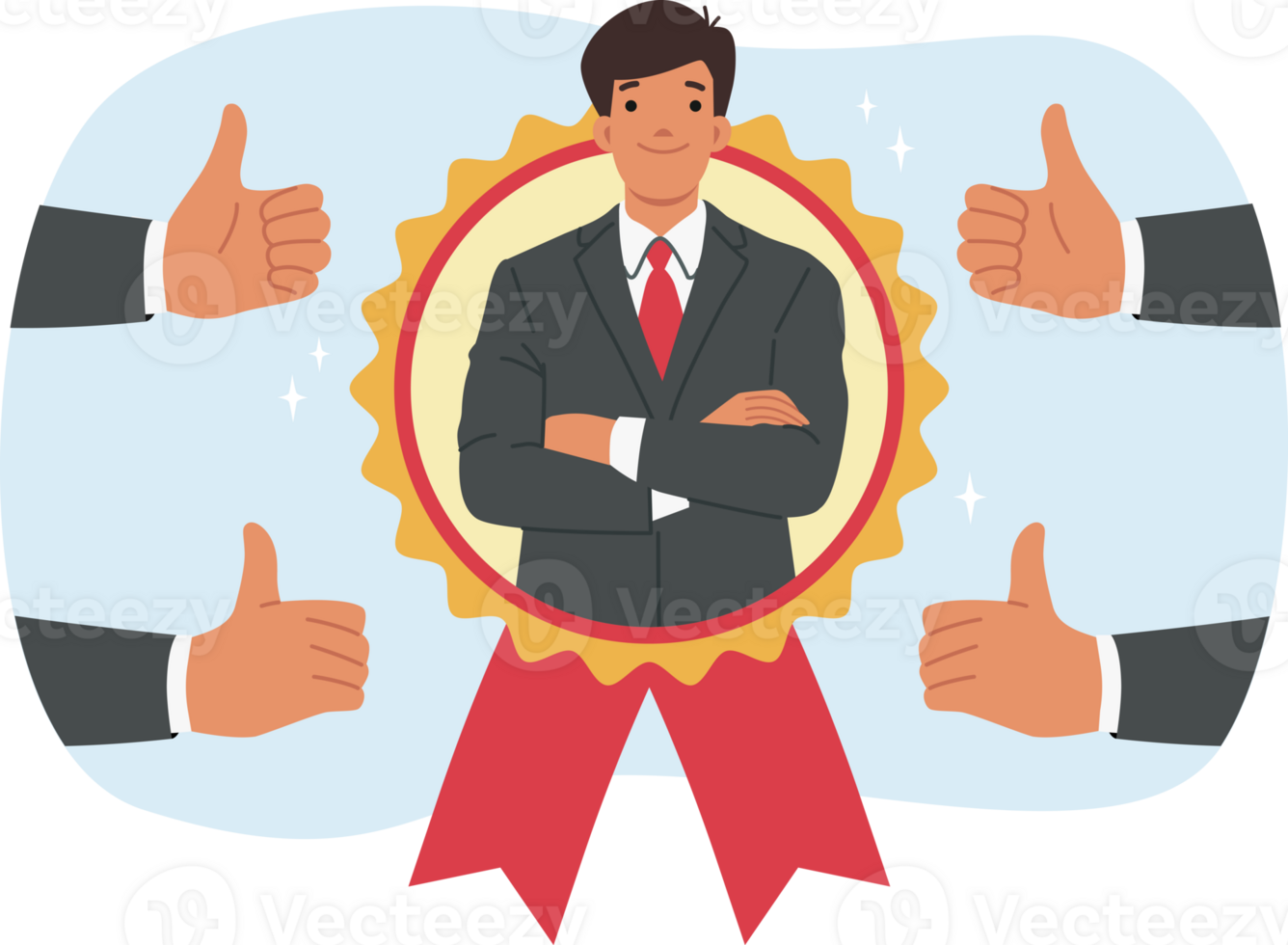 Man became best employee of month, looking out from medal located among fingers up. Guy best employee of month, stands with arms crossed and feels confident or ready for professional challenges. png