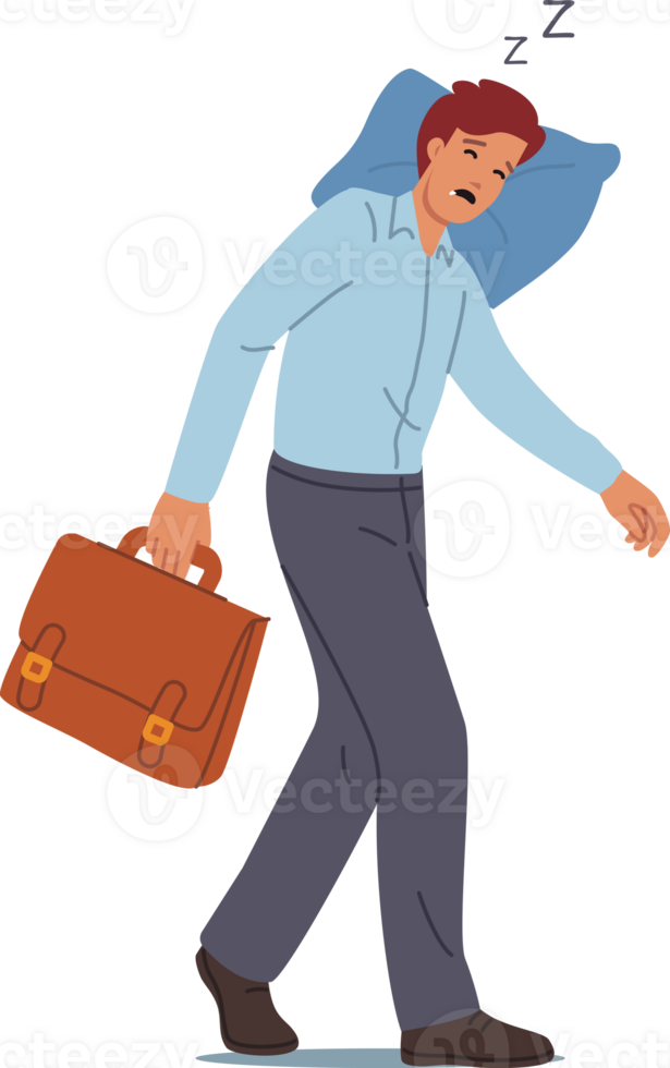 Tired business man sleeps on move, putting head on pillow and closing eyes due to extreme exhaustion. Tired manager needs rest to prevent burnout and exhaustion after difficult day at work. png