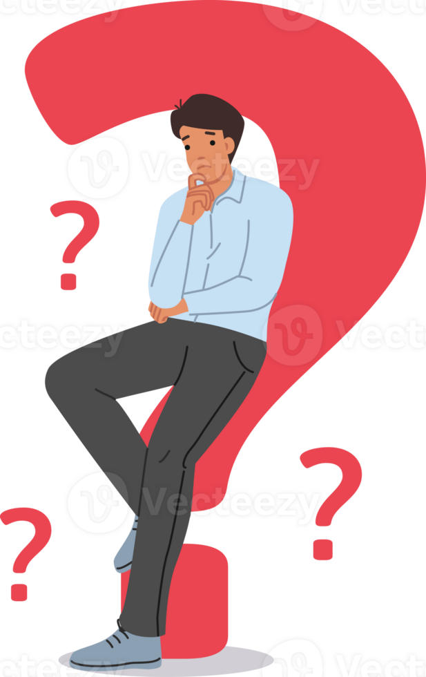 Man looking for answer to question and is considering options for solving problems that have arisen. Question marks around guy in need of help due to troubles caused by financial crisis png