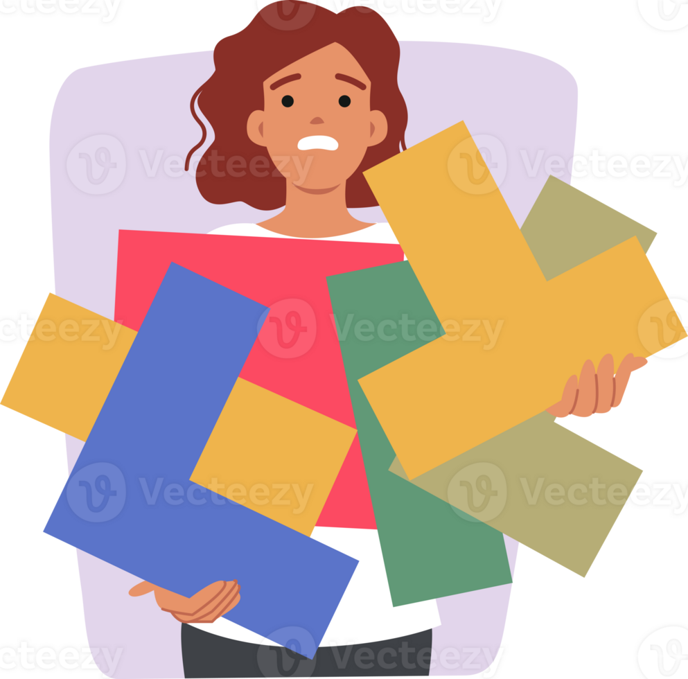 Disoriented woman holding puzzle pieces, experiencing problems due to lack of task management skills. Disoriented unhappy girl needs planning to get rid of chaos in personal affairs png
