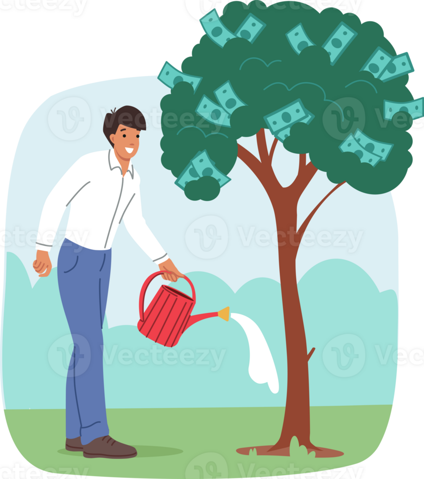 Man waters money tree, caring about increasing personal capital and financial stability. Businessman takes care of future and increases wealth through money investments in reliable assets png