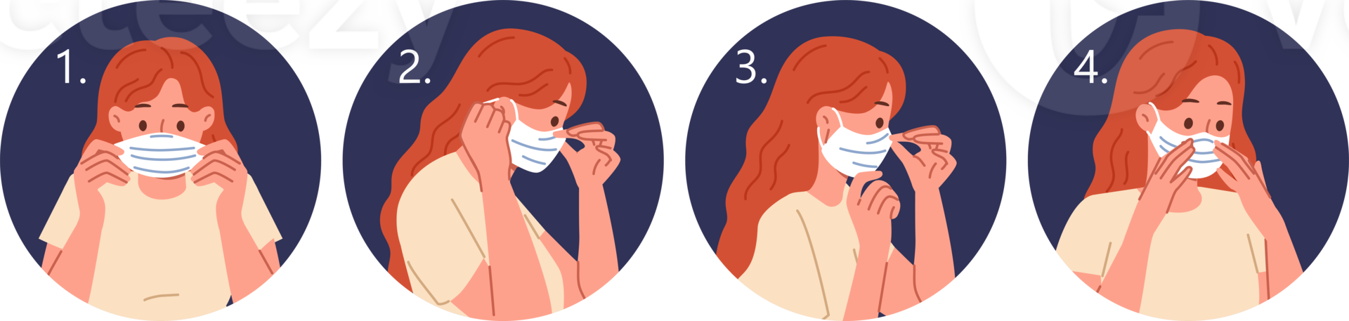Instructions for wearing medical mask, with step-by-step plan to avoid infection with flu that can cause death. Woman puts on medical mask to prevent spread of pandemic virus among people. png