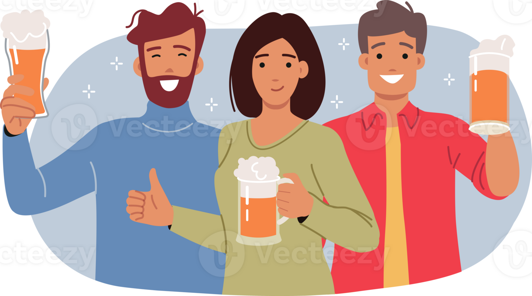 Beer party for positive people holding glasses of foamy ale purchased at bar or nightclub. Cheerful friends showing thumbs up, rejoicing at opportunity to meet and relax in beer restaurant png