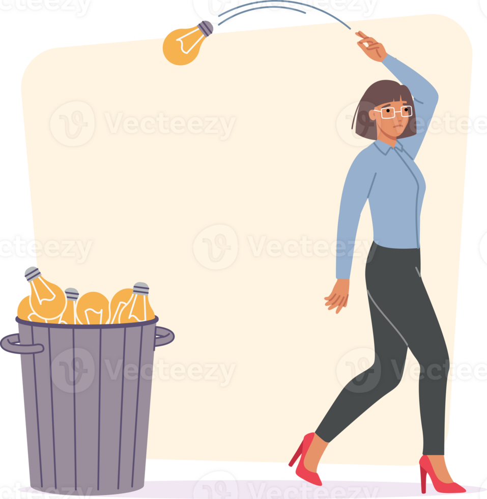 Business woman gives up on idea, throwing light bulbs in trash due to lack of ambition. Businesslady does not see prospects in idea that has appeared and refuses desire for progress png