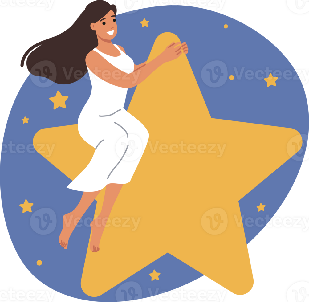 Happy woman sitting on big star flying in night sky or space during fantasy dream. Space adventures of positive young girl in sleepwear enjoying dreaming and traveling through universe png