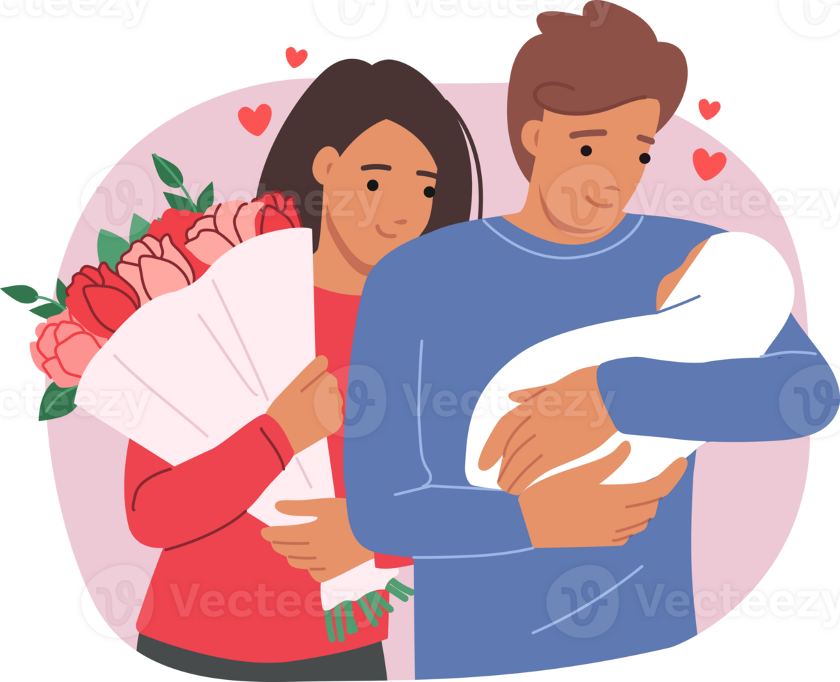 Parents of newborn hold baby and bouquet of flowers given to mother on day of discharge from hospital. Man and woman enjoy first days of son birth, rejoicing in expansion of family. png