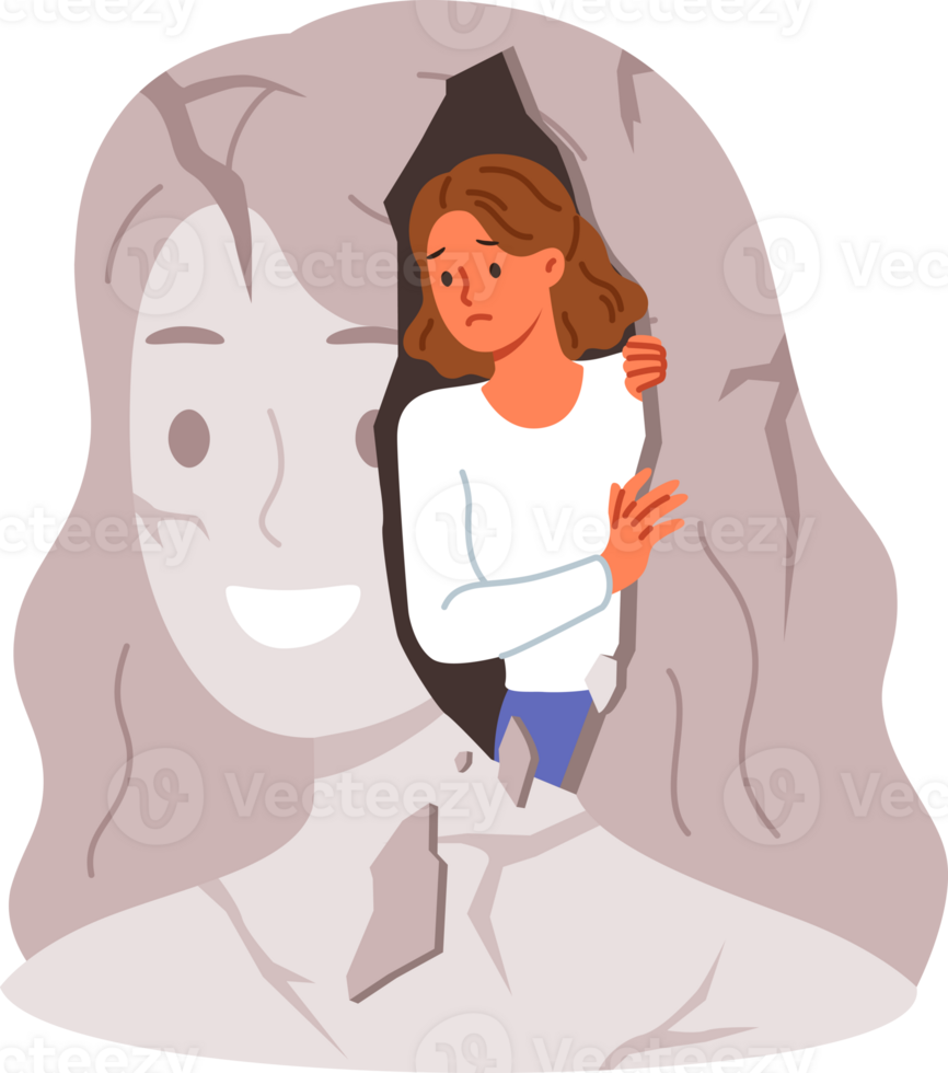 Woman with psychological problems looks out of own destroyed image and needs psychotherapy session. Sad girl suffers from psychological disorder and apathy due to lack of motivation png