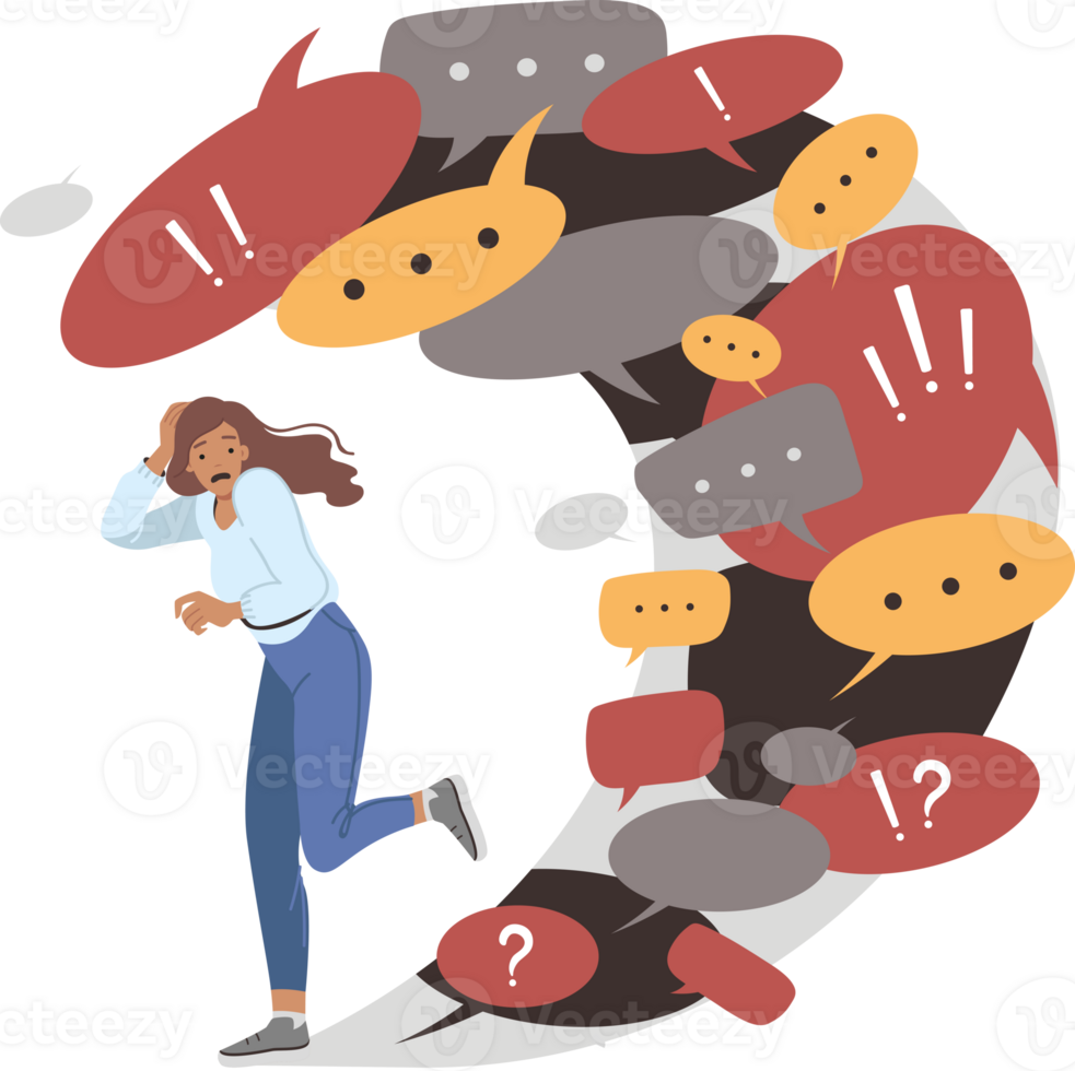 Information overload causes panic in woman fleeing wave of dialogue bubbles and conversation clouds. Girl is trying to use information detox and temporary refusal to receive correspondence png