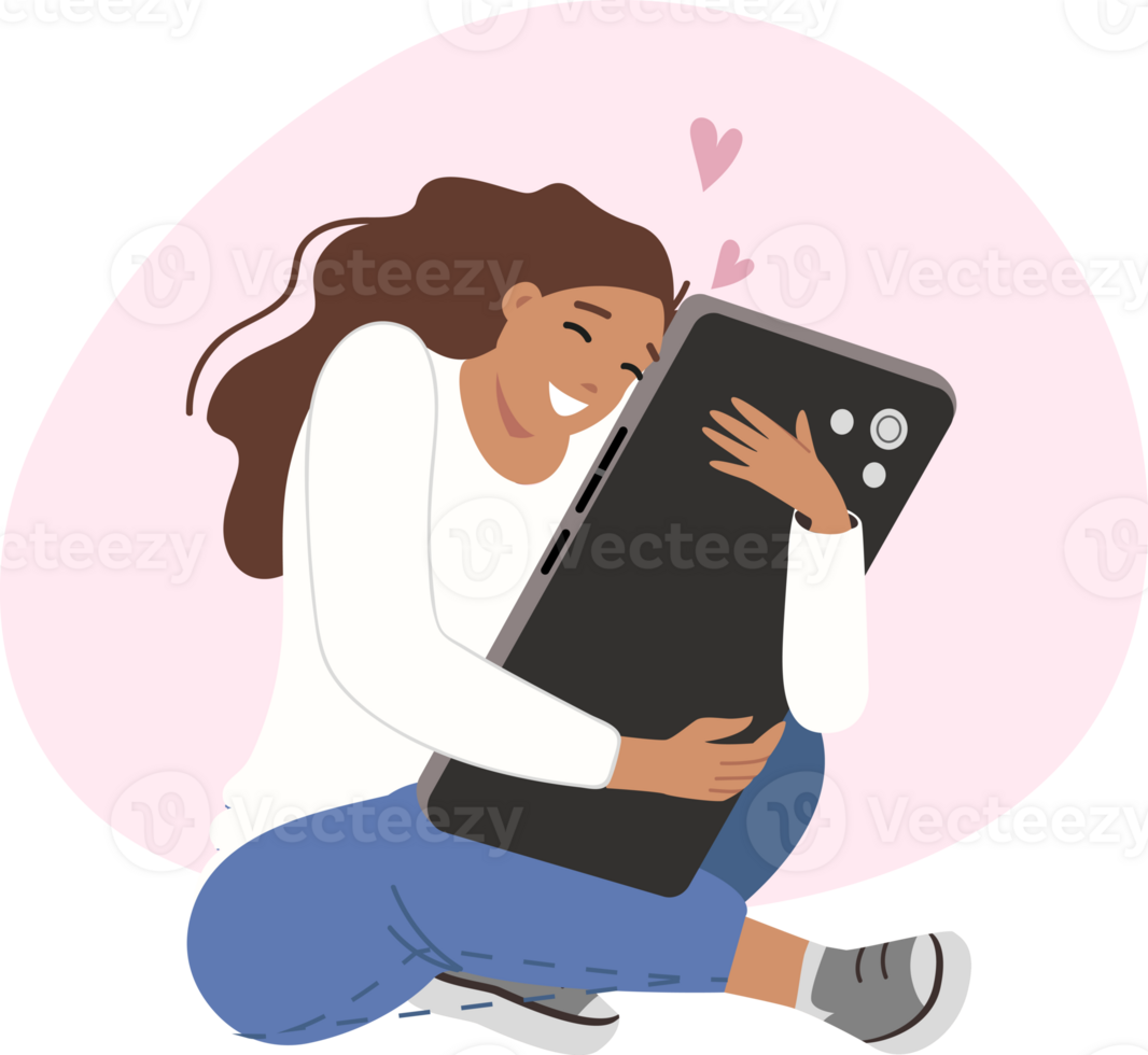 Teenage girl is experiencing addiction from social networks and using smartphone, sitting on floor hugging large phone. Problem of digital addiction and devoting all free time to internet surfing png