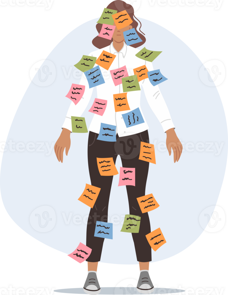 Importance of multitasking causes stress for business woman, with stickers on face and body. Girl office worker needs increased productivity and multitasking skills for career growth png