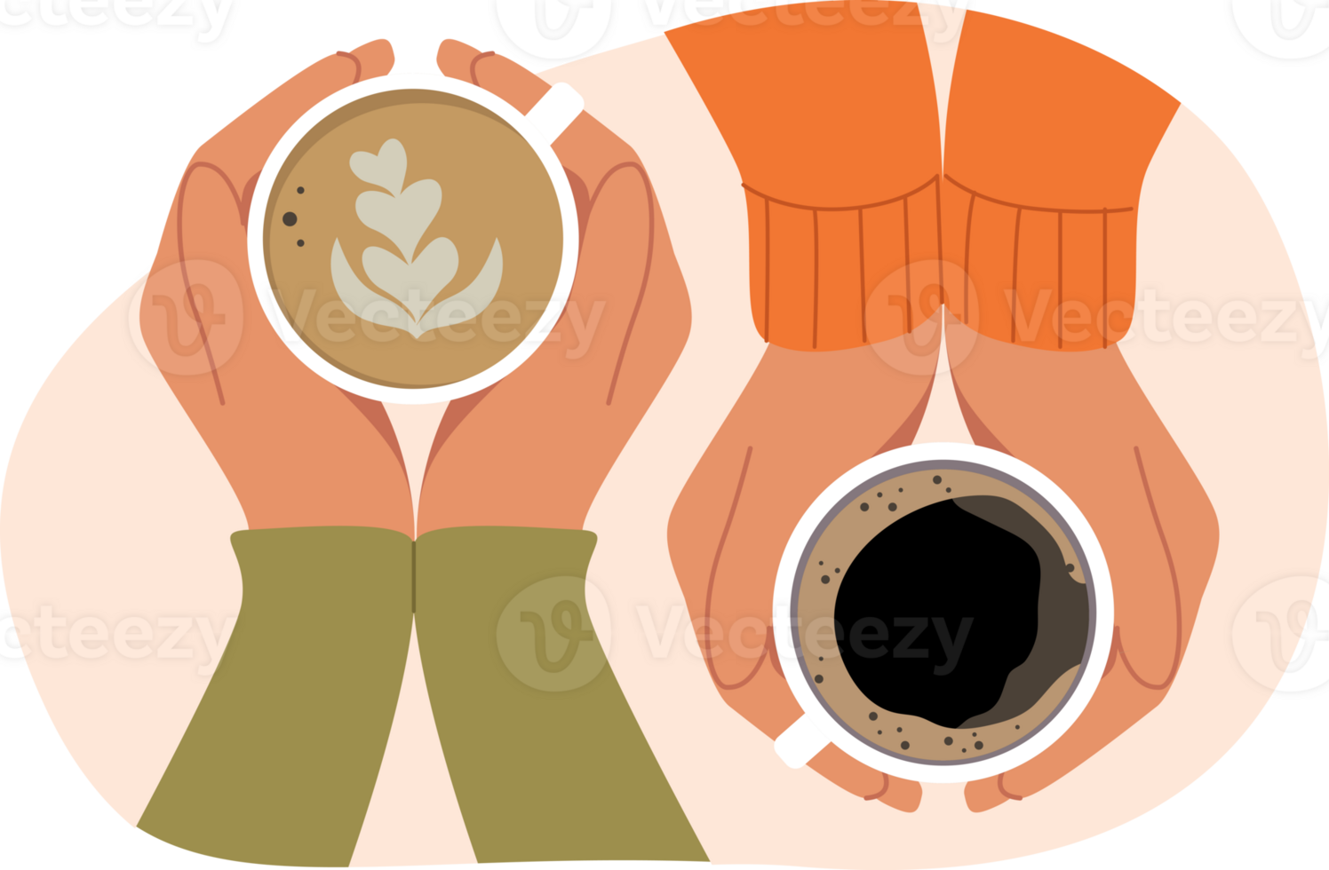 Cups of hot coffee in hands of friends enjoying taste of warm drink that allows to fill body with vigor. Delicious black coffee and cappuccino or latte in hands of friends having coffeebreak png