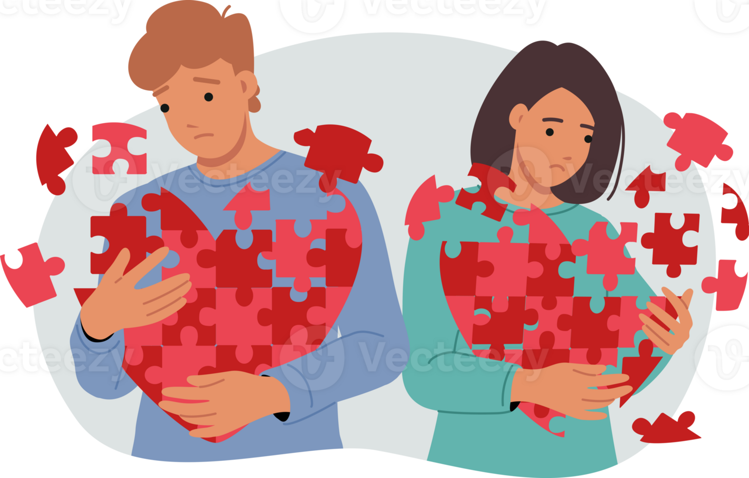 Relationship problems for romantic couple feeling death of love and holding disintegrating hearts. Depressed man and woman need family psychologist to maintain strong relationship. png