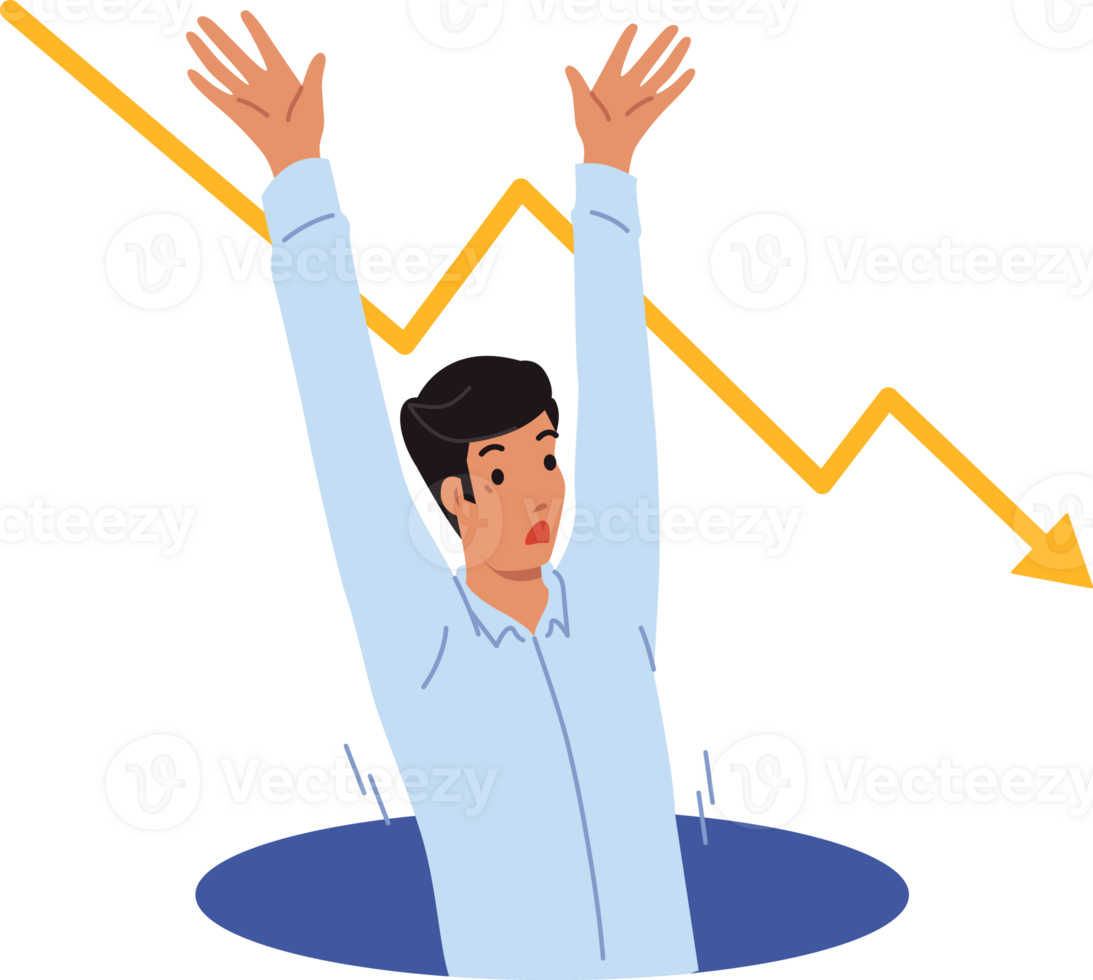 Man falls into crisis pit and raises hands up calling for help to avoid bankruptcy. Crisis graph near guy who was fired from job and suffering professional failures on way to success png