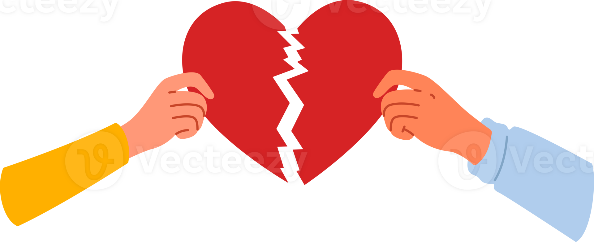 Broken heart symbolizing separation and destruction of relationships in hands of people who have become victims of family quarrel. Couple shows broken heart after divorce and problems in marriage png