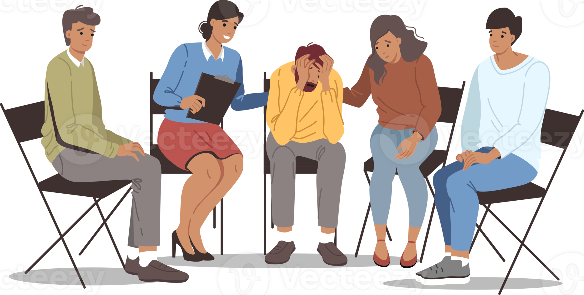 Group psychotherapy in alcoholics anonymous club, with team of people comforting upset man. Alcoholics anonymous section is trying to help friend who is victim of addiction to beer or vodka png