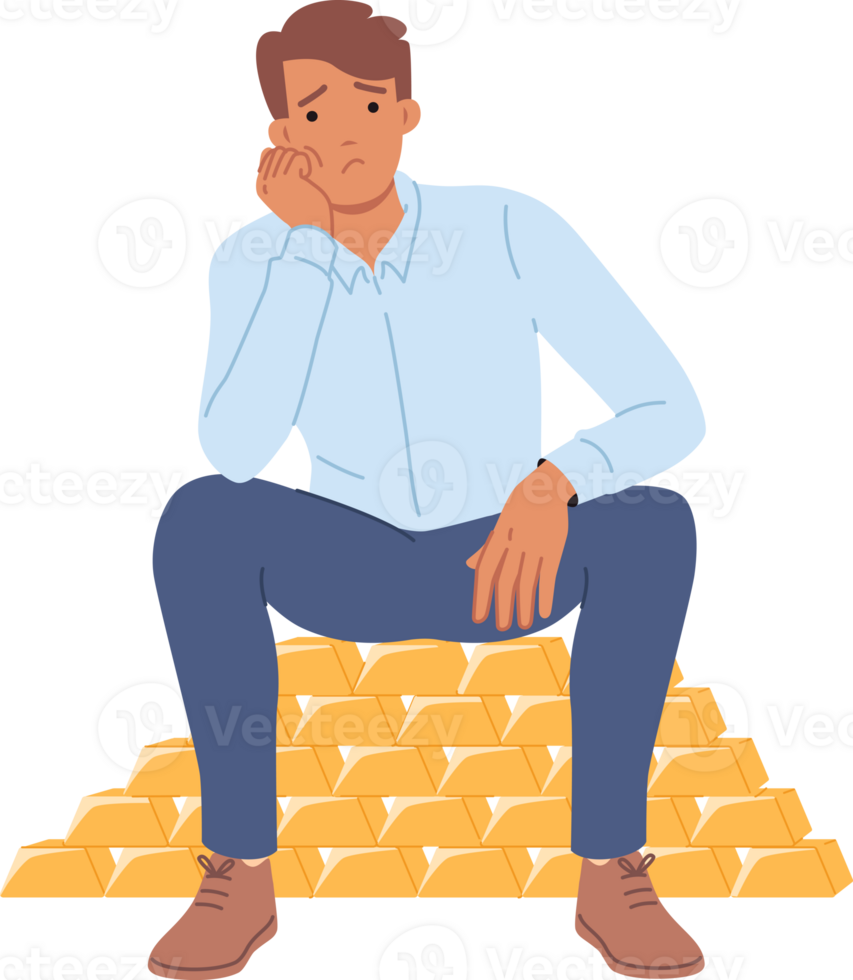 Rich man sits on gold bars and is sad due to lack of knowledge where to invest money. Investor guy keeps capital in real gold and is upset after fall in prices for precious metals. png